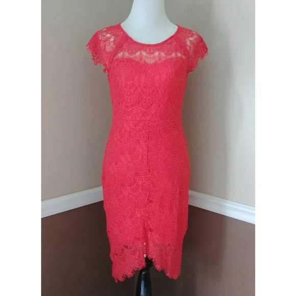 Soieblu Dresses & Skirts - Lace Open Back Cocktail Dress Red-Orange Asymmetric Hem by Soiéblu Modcloth